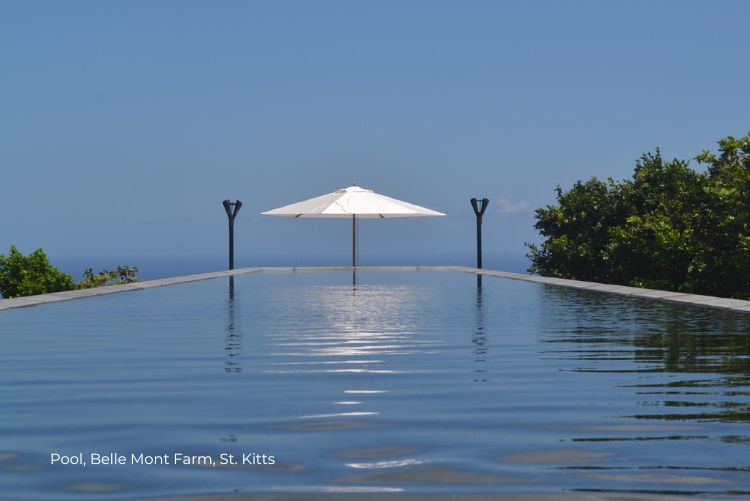 Pool view Belle Mont Farm Sustainable St. Kitts 19Jul23